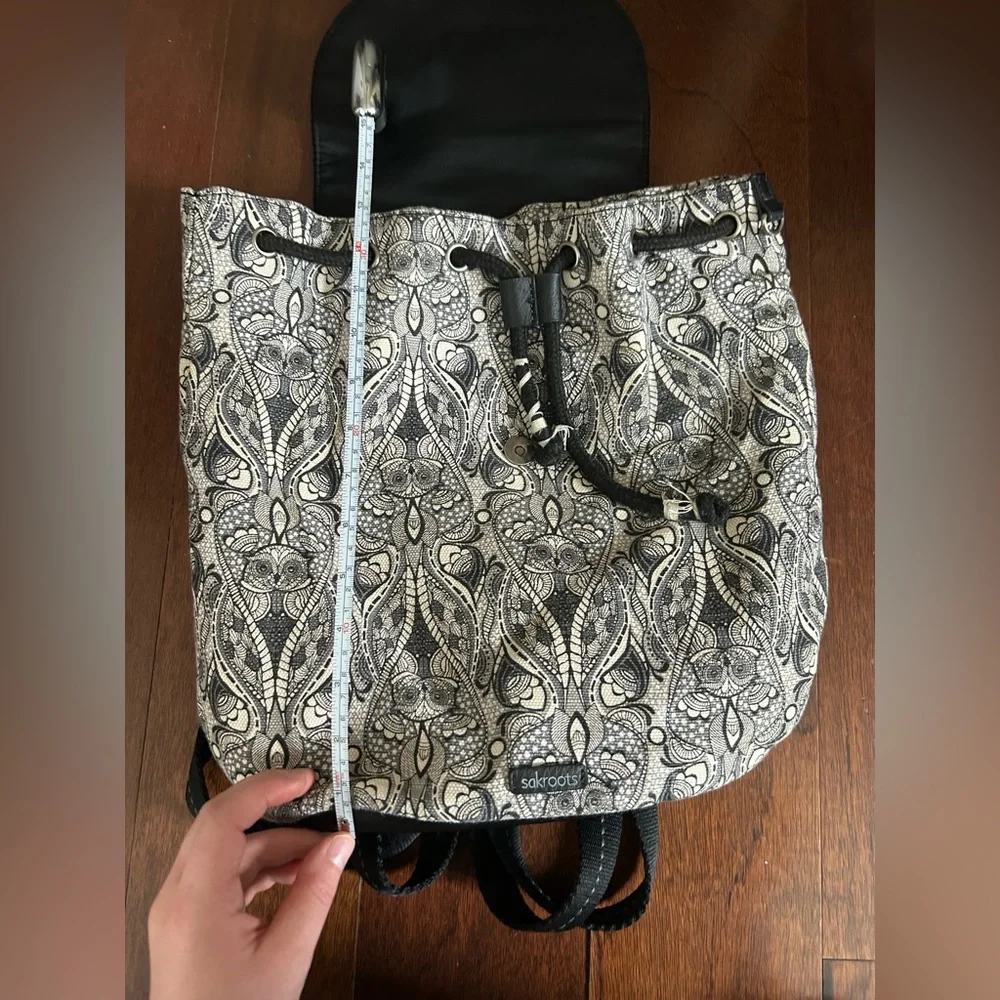 Sakroots Black and White Owl Print Boho Bohemian Whimsical Drawstring Backpack